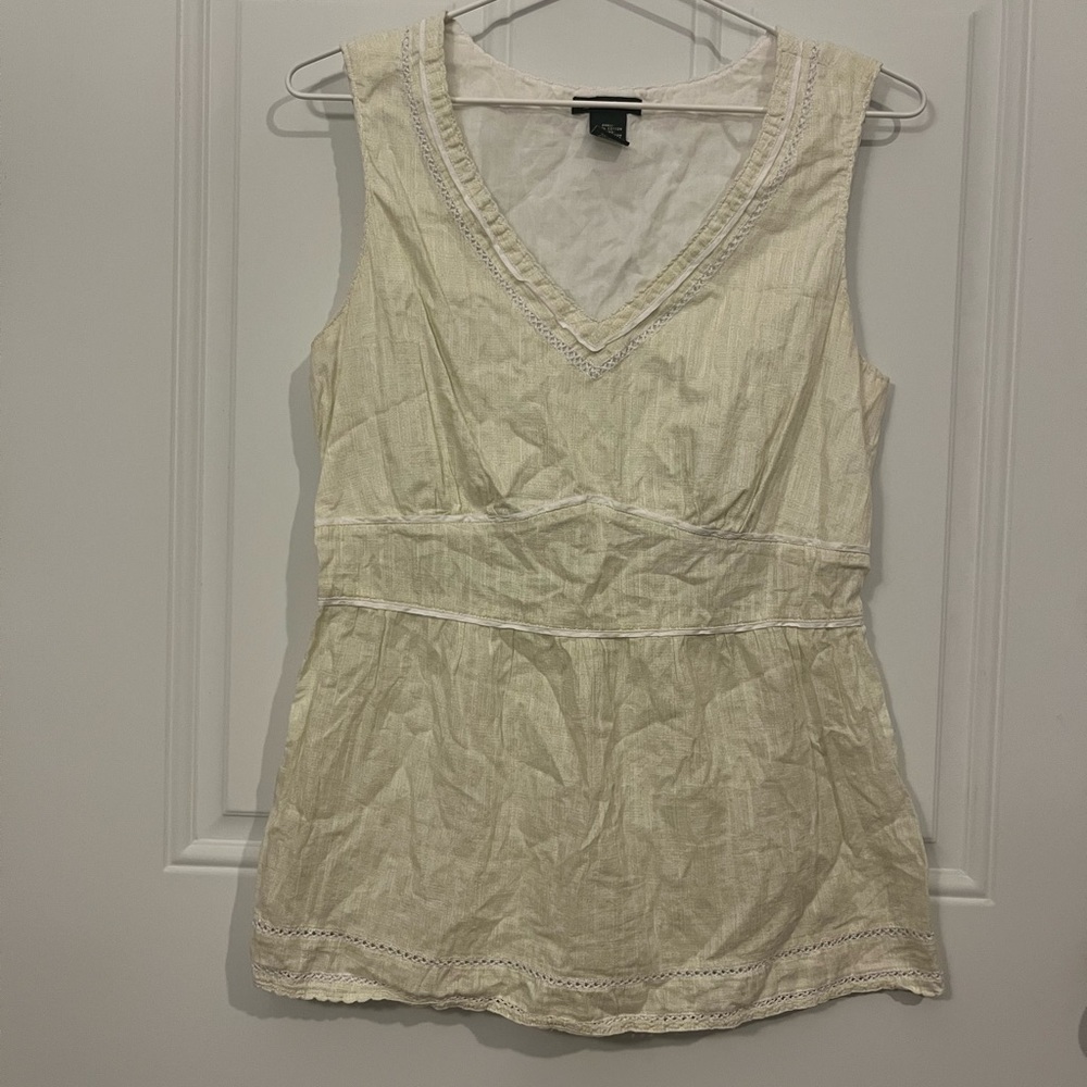 Eddie Bauer (M) White and Yellow Green 100% Cotton Sleeveless V-Neck Top